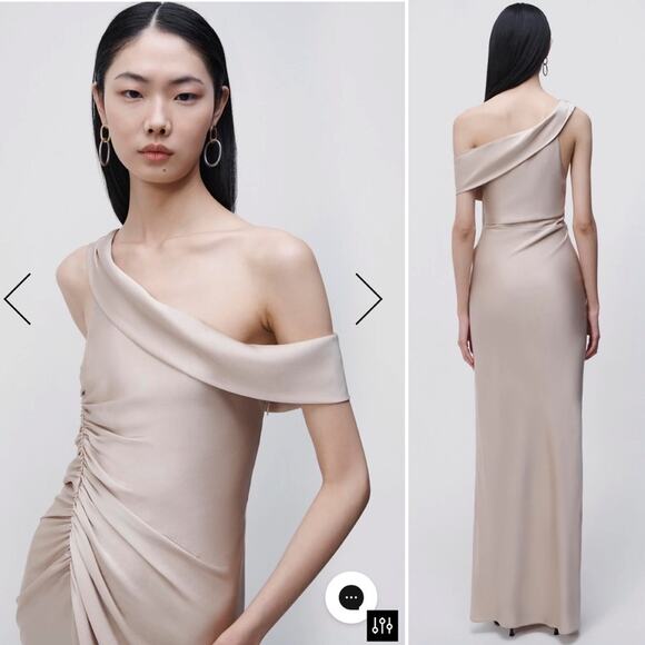 NWT Jonathan Simkhai Sahar One Shoulder Satin Column Gown in Almond - Picture 2 of 5